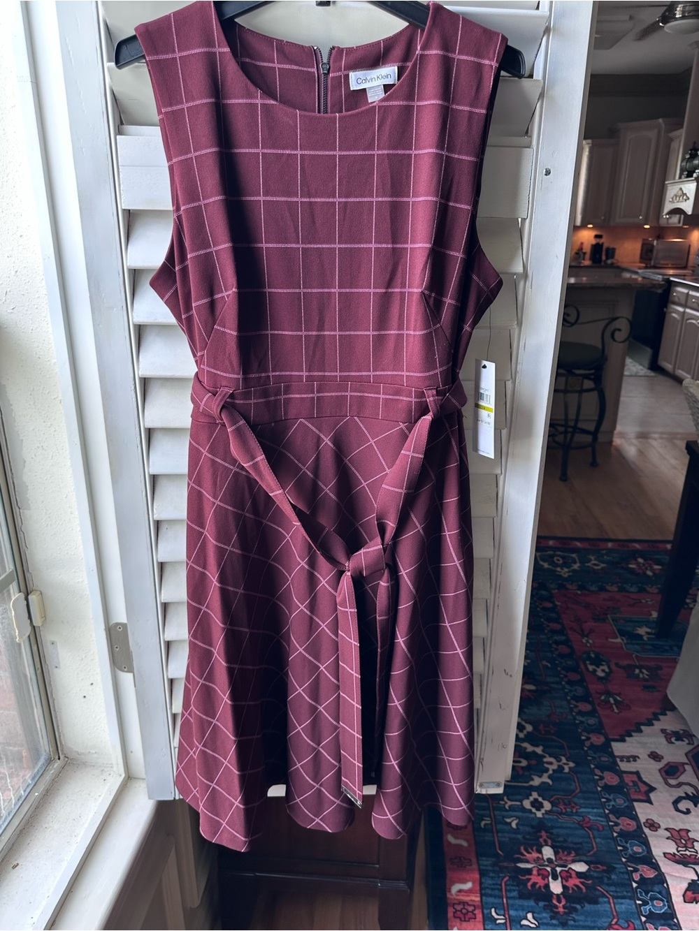 Calvin Klein Burgundy Windowpane Tie-Waist Sleeveless Dress